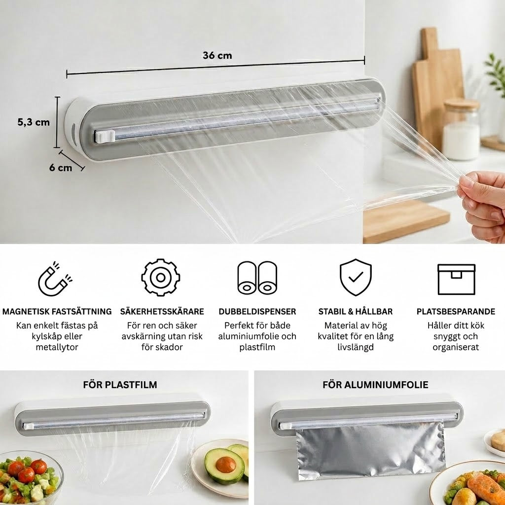 Magnetisk väggmonterad dispenser för aluminiumfolie och plastfolie, med säkerhetsskärare.