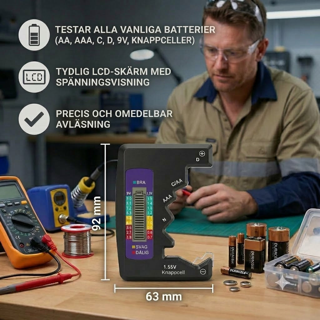 Digital batteritestare med LCD-skärm – kan mäta kapaciteten hos AA, AAA, C, D, 9V och knappcellsbatterier 🔋