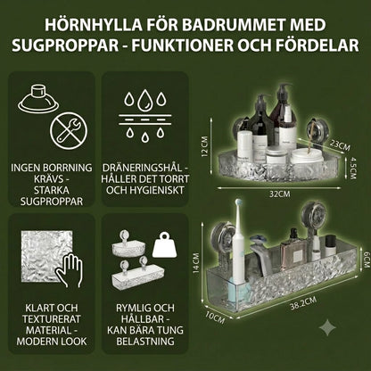 Hörnhylla för badrum med sugproppar - utan borrning