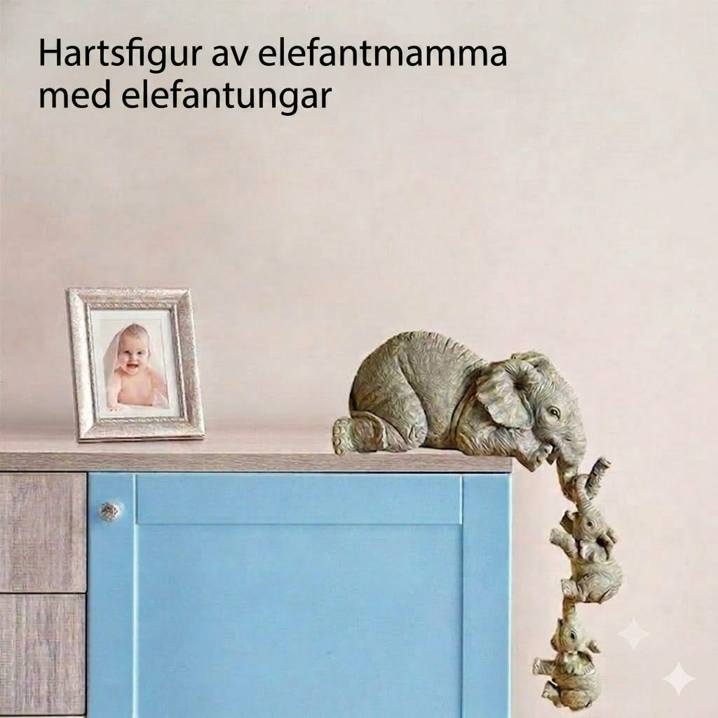 Elefantformad prydnad i harts — symboliserar starka familjeband
