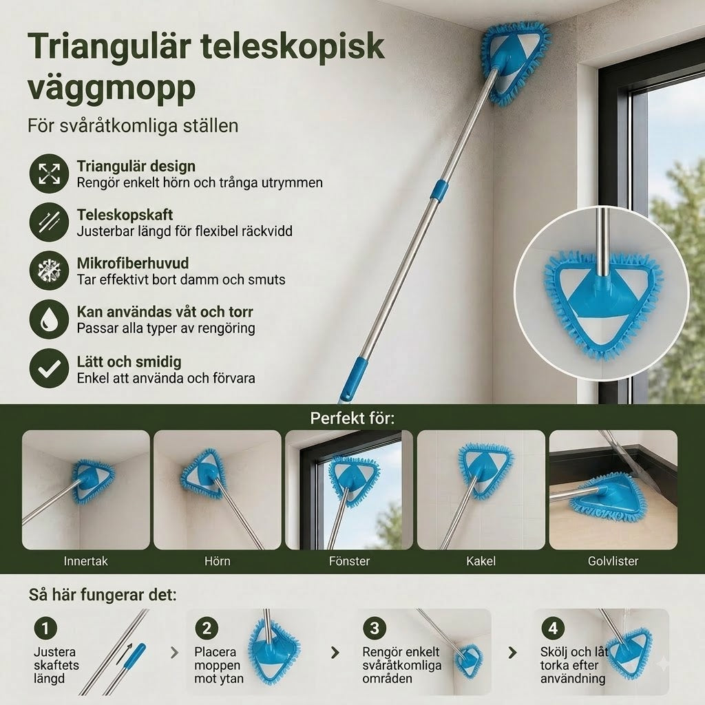 🔥 Tidsbegränsat erbjudande: 50 % rabatt ❗️❗️ Triangulär utdragbar väggmopp, rengör enkelt svåråtkomliga hörn.