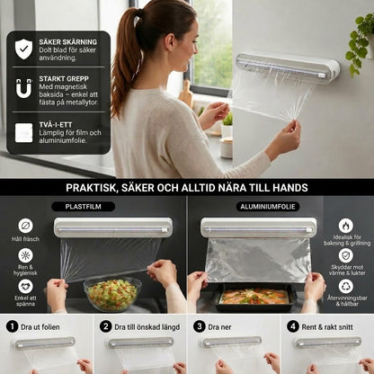 Magnetisk väggmonterad dispenser för aluminiumfolie och plastfolie, med säkerhetsskärare.