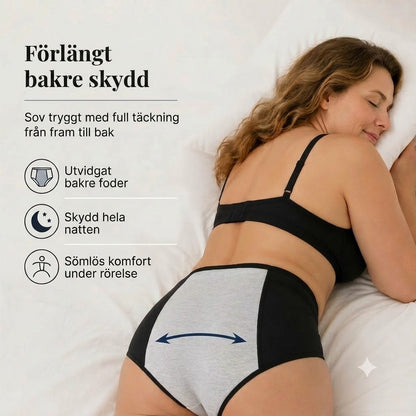 Läckagesäkra menstrosor med hög midja, dubbelt skydd fram och bak – förhindrar effektivt sidoläckage