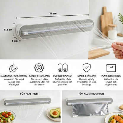 Magnetisk väggmonterad dispenser för aluminiumfolie och plastfolie, med säkerhetsskärare.