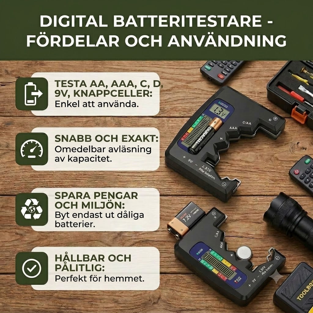 Digital batteritestare med LCD-skärm – kan mäta kapaciteten hos AA, AAA, C, D, 9V och knappcellsbatterier 🔋