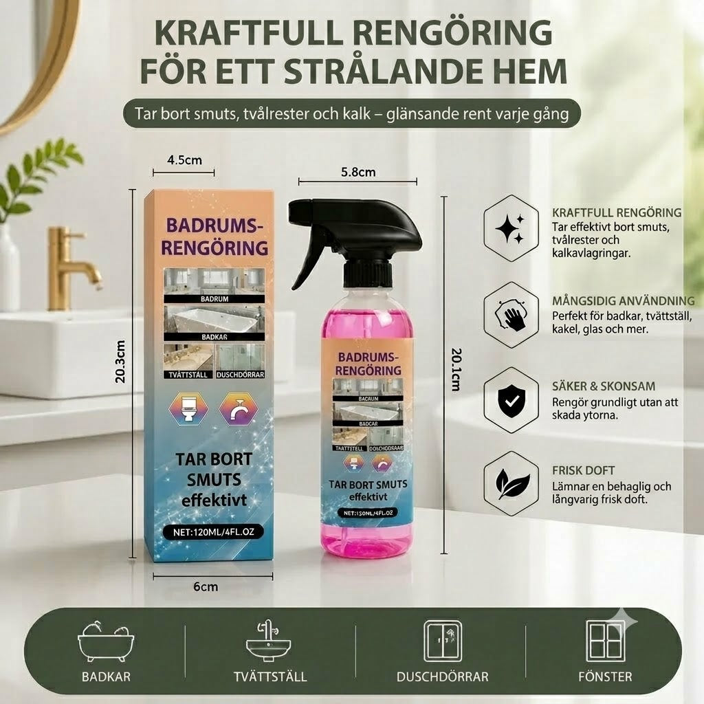 Badrumsrengöring – Allrengöringsmedel lämpligt för badkar, handfat och glas.