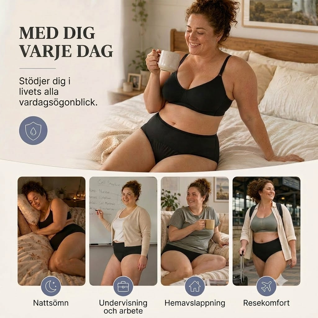 Läckagesäkra menstrosor med hög midja, dubbelt skydd fram och bak – förhindrar effektivt sidoläckage