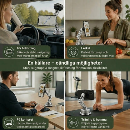 Mobilhållare för bil helt i metall med superstarka magneter och sugpropp