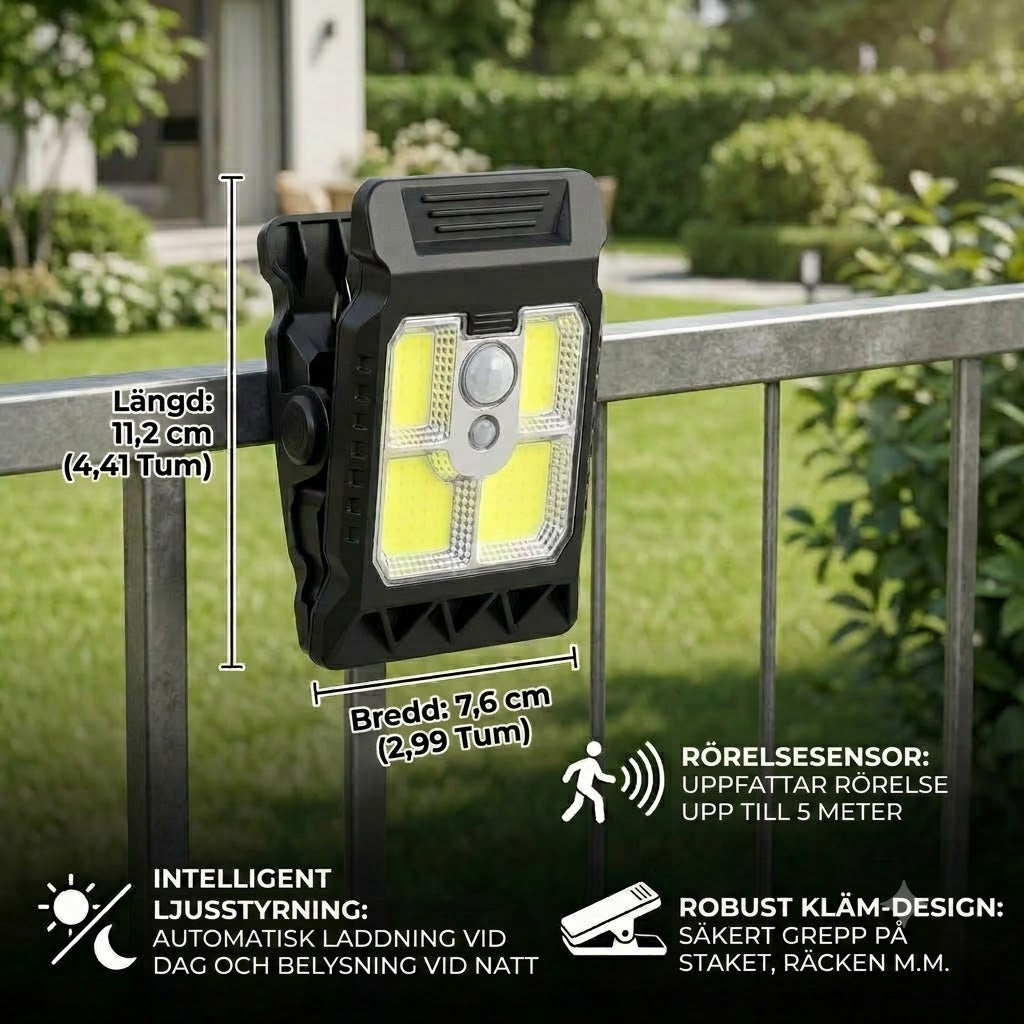 Praktisk solcellslampa med klämma och rörelsesensor