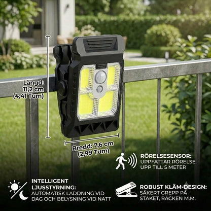 Praktisk solcellslampa med klämma och rörelsesensor