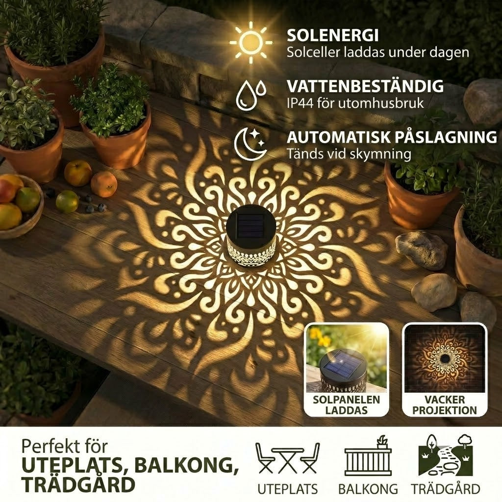 Färgglad solcells-mandala trädgårdslampa – Vattentät LED-vägglampa med projektionseffekt, för utomhusbruk
