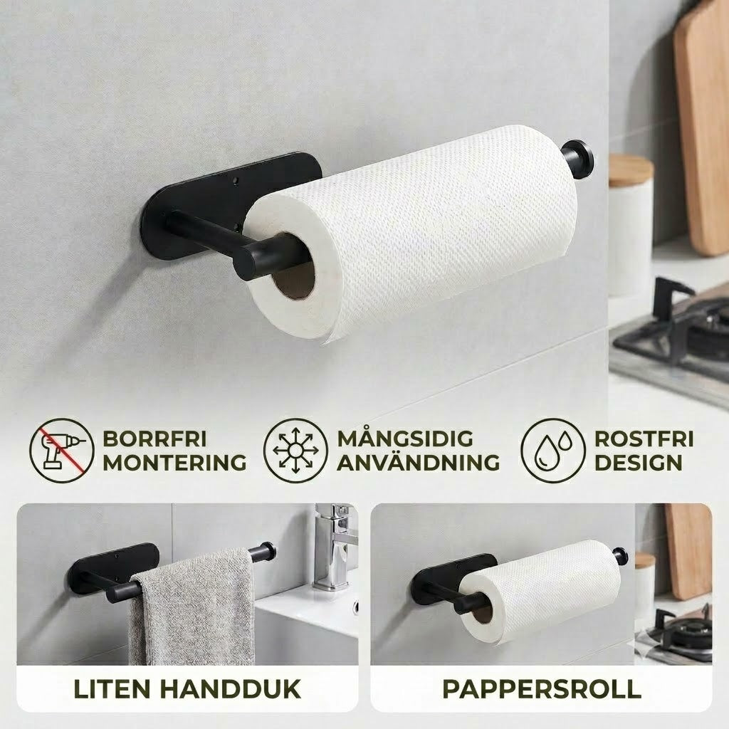 Modern hushållspappershållare i rostfritt stål – montering utan borrning, mångsidig