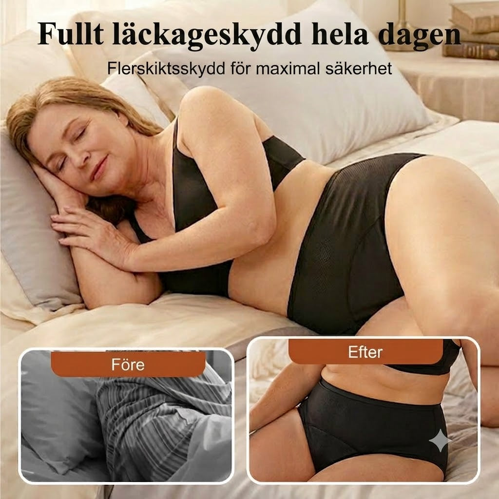 Läckagesäkra menstrosor med hög midja, dubbelt skydd fram och bak – förhindrar effektivt sidoläckage