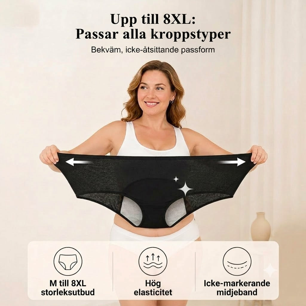 Läckagesäkra menstrosor med hög midja, dubbelt skydd fram och bak – förhindrar effektivt sidoläckage