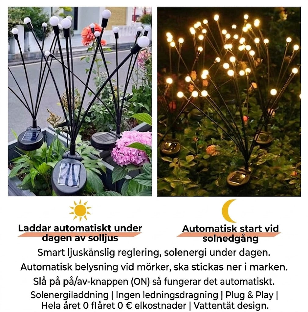 Solcellsdriven eldflugebelysning för trädgård