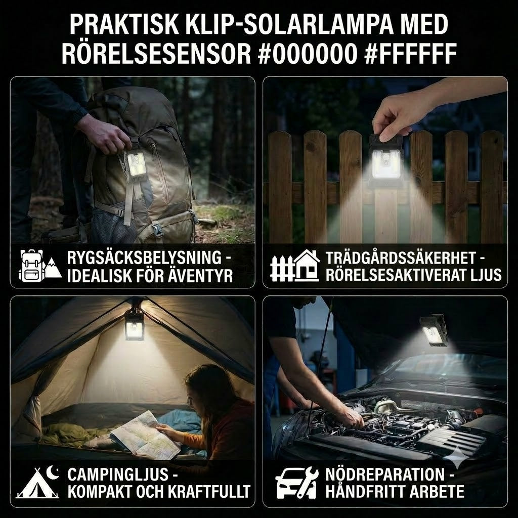 Praktisk solcellslampa med klämma och rörelsesensor