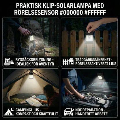 Praktisk solcellslampa med klämma och rörelsesensor