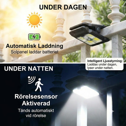 Praktisk solcellslampa med klämma och rörelsesensor