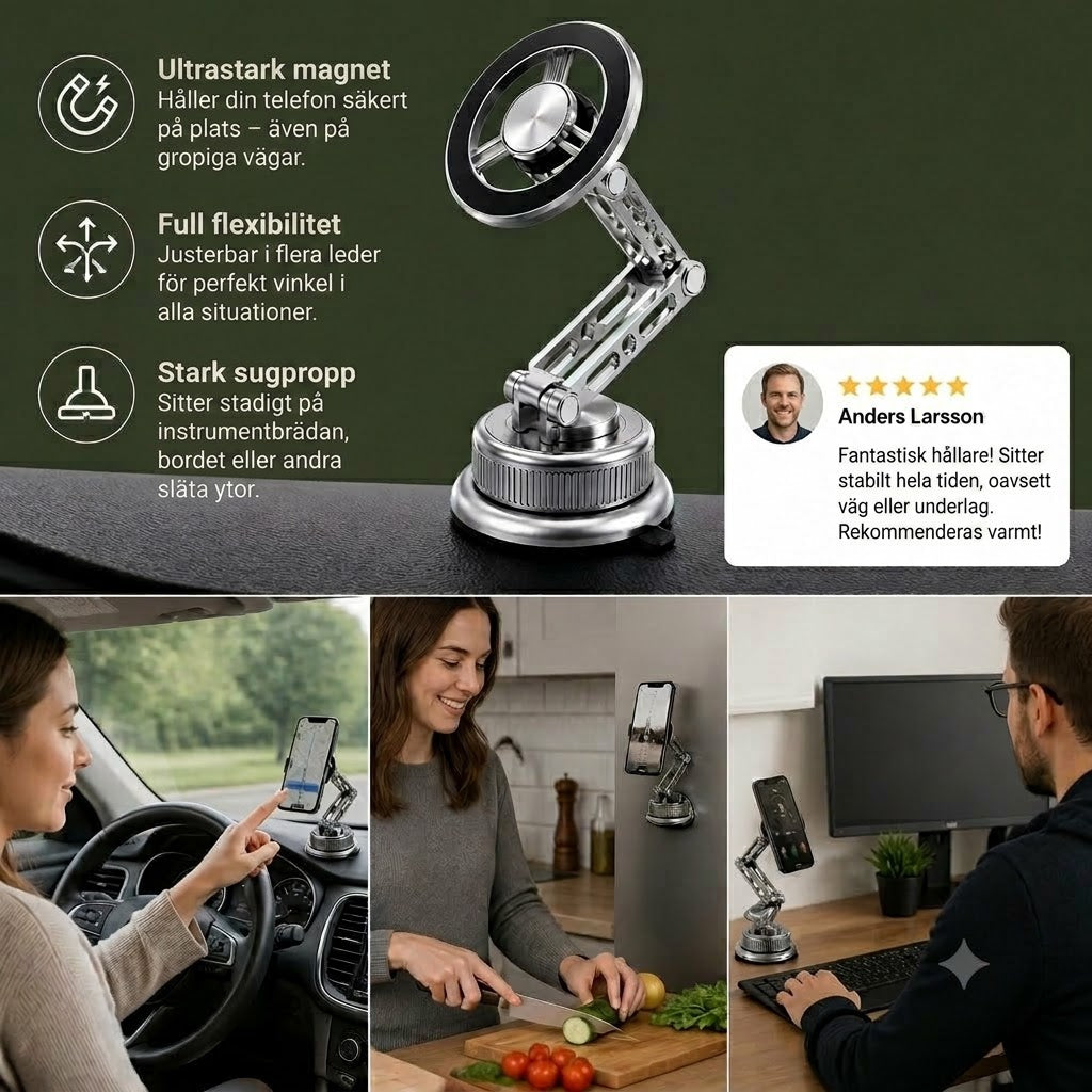 Mobilhållare för bil helt i metall med superstarka magneter och sugpropp