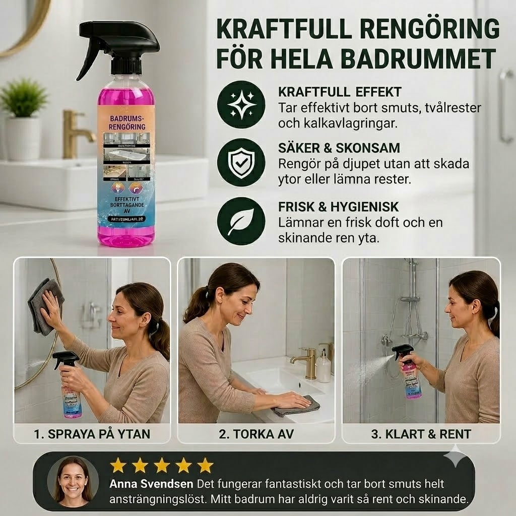 Badrumsrengöring – Allrengöringsmedel lämpligt för badkar, handfat och glas.