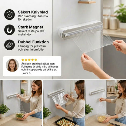 Magnetisk väggmonterad dispenser för aluminiumfolie och plastfolie, med säkerhetsskärare.