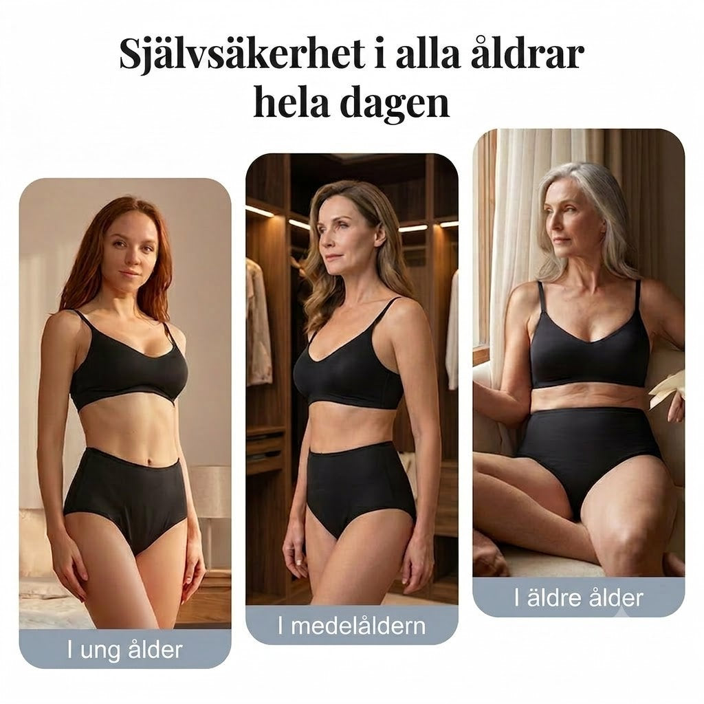 Läckagesäkra menstrosor med hög midja, dubbelt skydd fram och bak – förhindrar effektivt sidoläckage