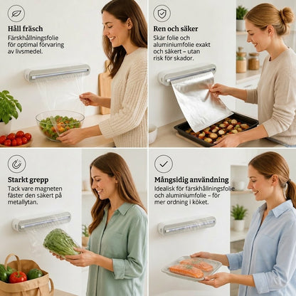 Magnetisk väggmonterad dispenser för aluminiumfolie och plastfolie, med säkerhetsskärare.