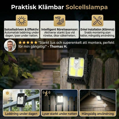 Praktisk solcellslampa med klämma och rörelsesensor