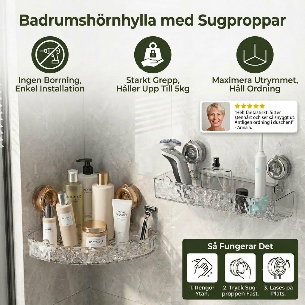 Hörnhylla för badrum med sugproppar - utan borrning