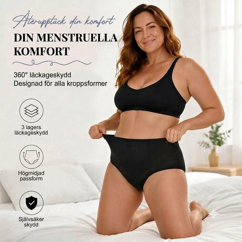 Läckagesäkra menstrosor med hög midja, dubbelt skydd fram och bak – förhindrar effektivt sidoläckage