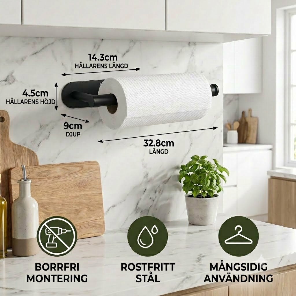 Modern hushållspappershållare i rostfritt stål – montering utan borrning, mångsidig