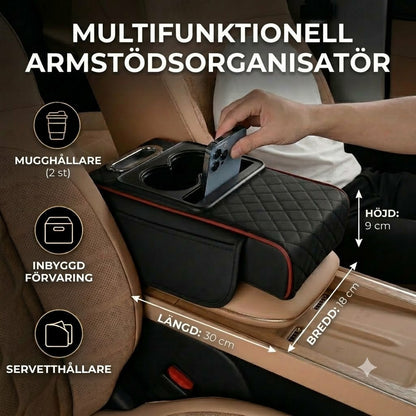 Multifunktionell förvaringsväska för bilens armstöd - med mugghållare och inbyggda fack