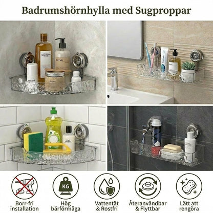 Hörnhylla för badrum med sugproppar - utan borrning