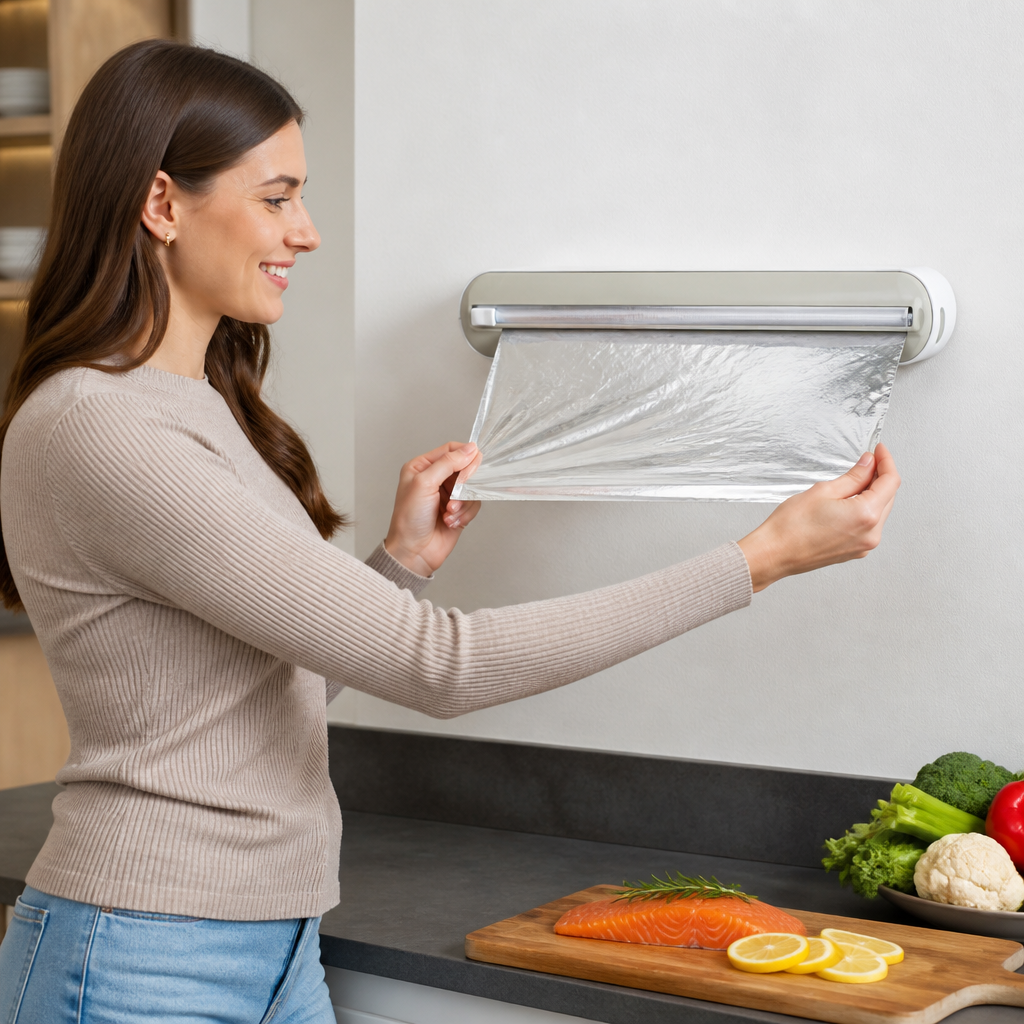 Magnetisk väggmonterad dispenser för aluminiumfolie och plastfolie, med säkerhetsskärare.