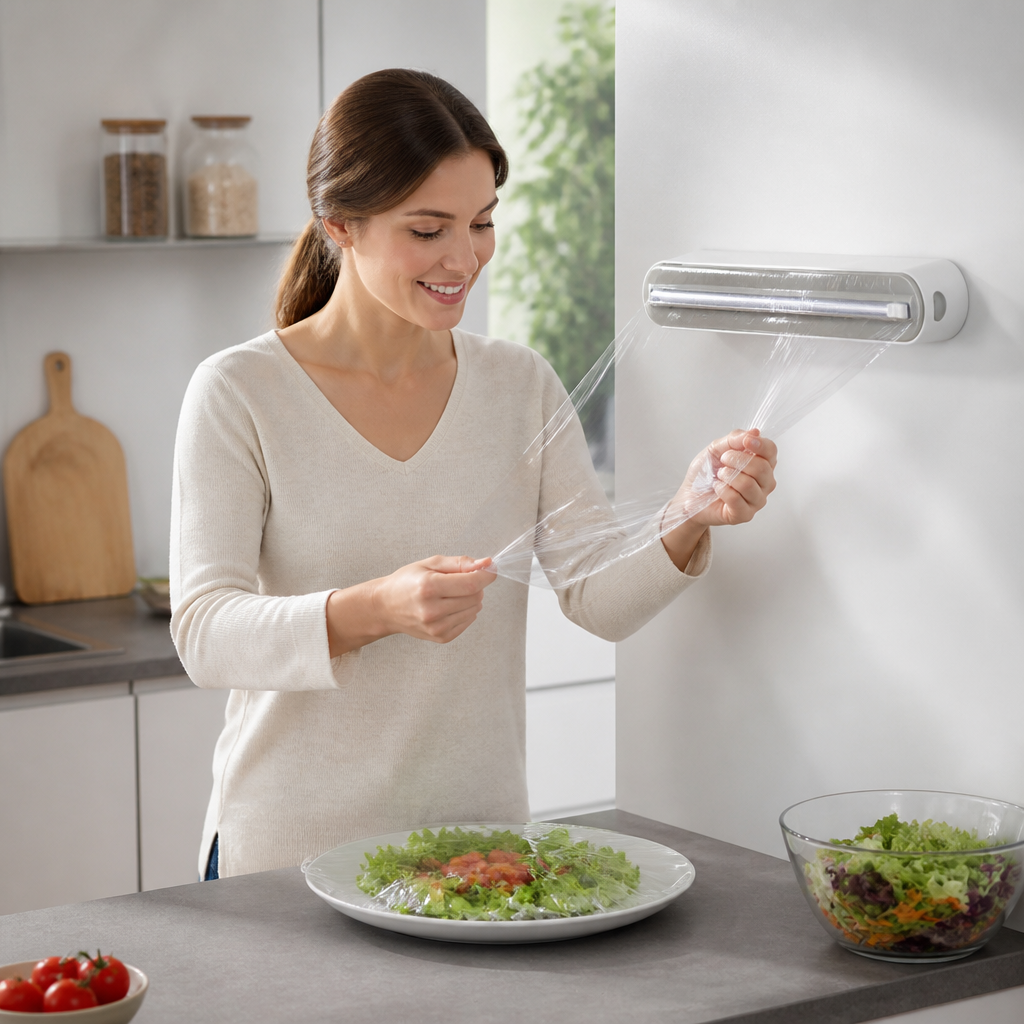 Magnetisk väggmonterad dispenser för aluminiumfolie och plastfolie, med säkerhetsskärare.