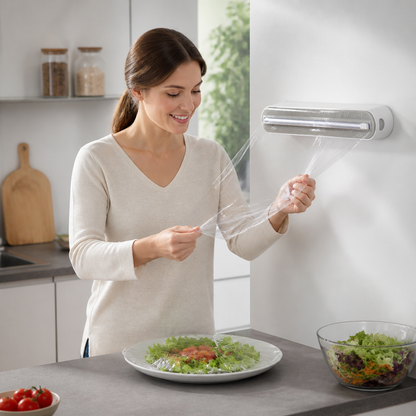 Magnetisk väggmonterad dispenser för aluminiumfolie och plastfolie, med säkerhetsskärare.